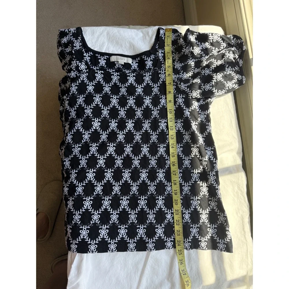 LOFT Black White Eyelet Embroidered Square Neck Puff Sleeve‎ Top Blouse XXL